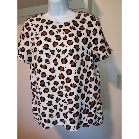 Zara Basic Top Blouse White Brown Black Size Large Animal Print Short Sleeves - Picture 2 of 10